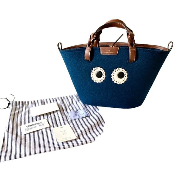 Anya Hindmarch Handbags - Anya Hindmarch Small Eyes Felt Tote Bag Leather Trimmed Dark Petrol Blue Brown
